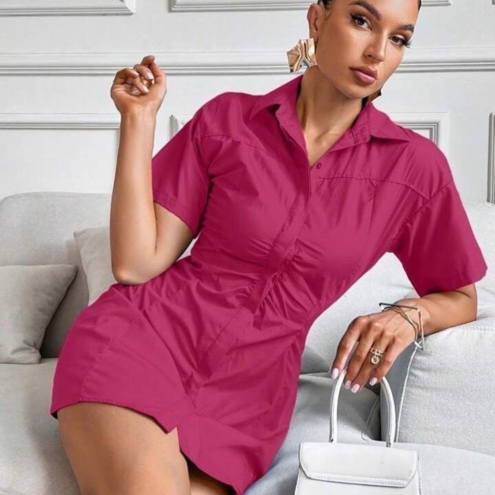 Ruched Front Pink Shirt Dress Large